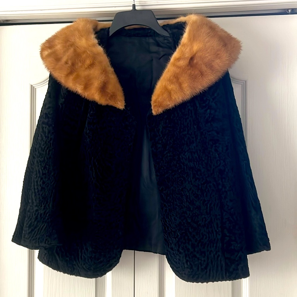 Vintage black faux Persian Lamb Jacket with Mink Collar.